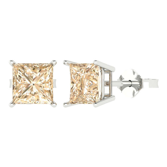 3 ctw Morganite Studs Earrings | 6.5mm Princess Cut White Gold Push Back | February Birthstone