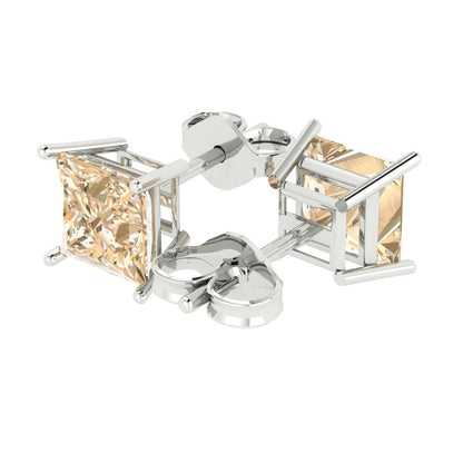 3 ctw Morganite Studs Earrings | 6.5mm Princess Cut White Gold Push Back | February Birthstone