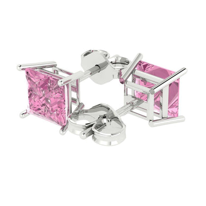 3 ctw Pink Zirconia Studs Earrings | 6.5mm Princess Cut White Gold Push Back | April Birthstone