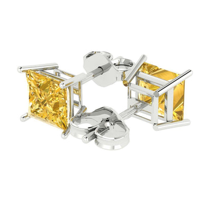 3 ctw Citrine Studs Earrings | 6.5mm Princess Cut White Gold Push Back | November Birthstone