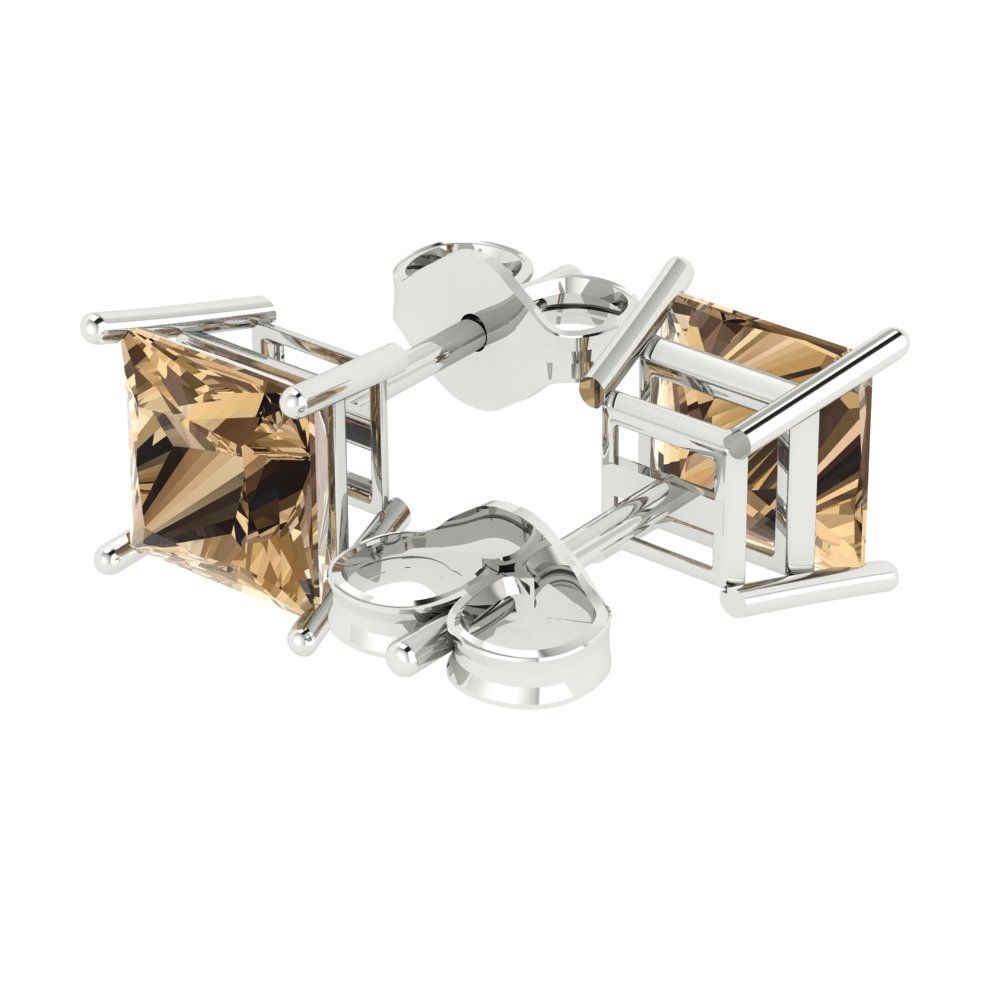 3 ctw Champagne Studs Earrings | 6.5mm Princess Cut White Gold Push Back | April Birthstone