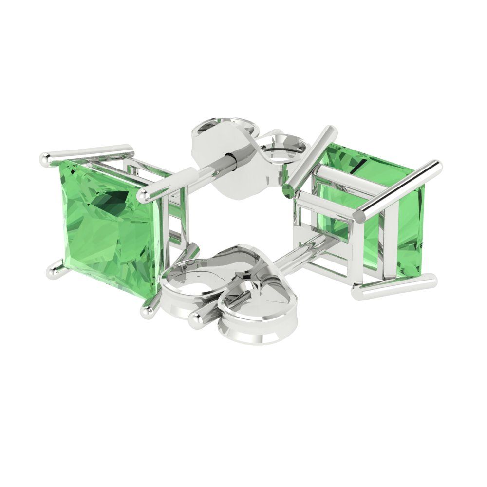 3 ctw Green Zirconia Studs Earrings | 6.5mm Princess Cut White Gold Push Back | April Birthstone