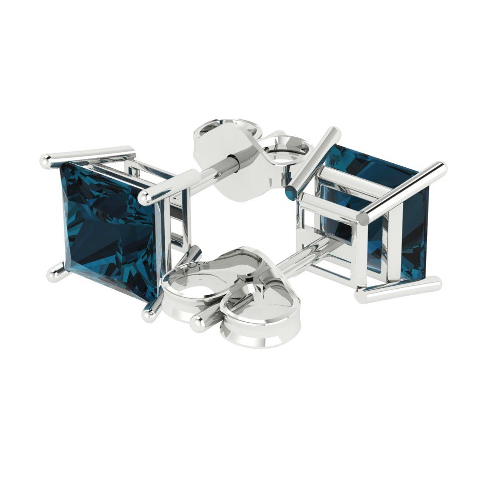 3cttw Princess Cut Natural London Blue Topaz Gold-Plated 925 Silver Push Back Stud Earrings