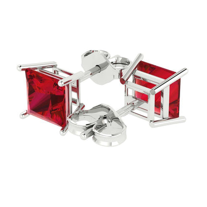 3 ctw Ruby Studs Earrings | 6.5mm Princess Cut White Gold Push Back | July Birthstone