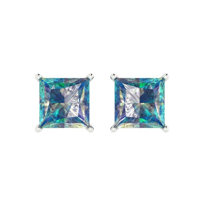 3 ctw Blue Moissanite Studs Earrings | 6.5mm Princess Cut White Gold Push Back | April Birthstone