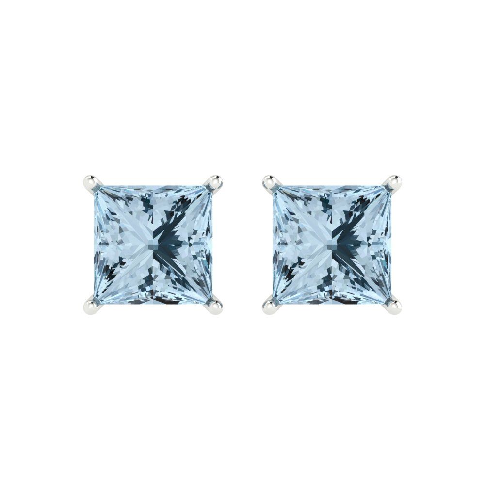 3 ctw Swiss Blue Topaz Studs Earrings | 6.5mm Princess Cut White Gold Push Back | December Birthstone