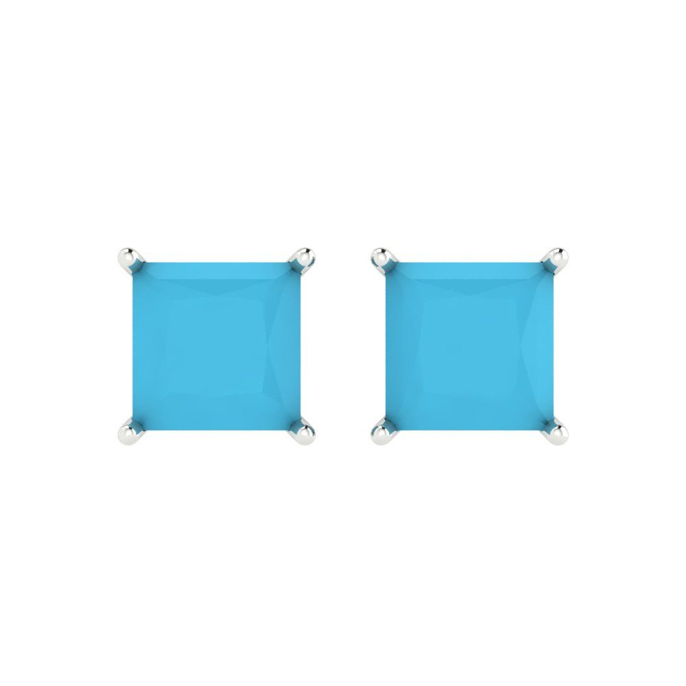 3 ctw Turquoise Studs Earrings | 6.5mm Princess Cut White Gold Push Back | December Birthstone