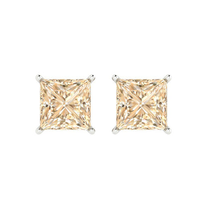3 ctw Morganite Studs Earrings | 6.5mm Princess Cut White Gold Push Back | February Birthstone