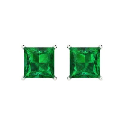 3 ctw Emerald Studs Earrings | 6.5mm Princess Cut White Gold Push Back | May Birthstone