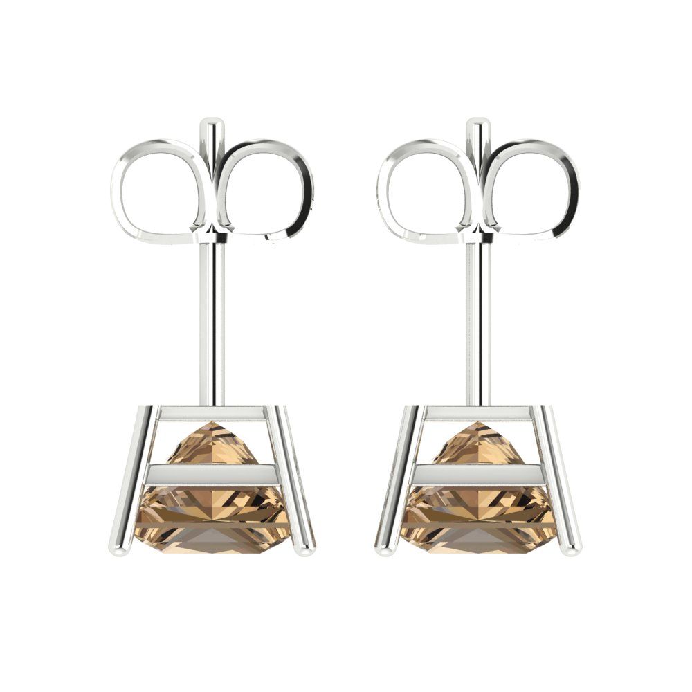 3 ctw Champagne Studs Earrings | 6.5mm Princess Cut White Gold Push Back | April Birthstone
