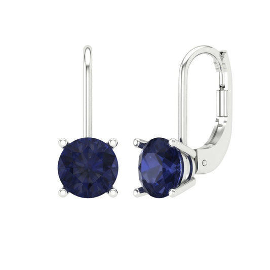 2 ctw Blue Sapphire Drop Dangle Earrings | 6.5mm Round Cut White Gold Lever Back | September Birthstone