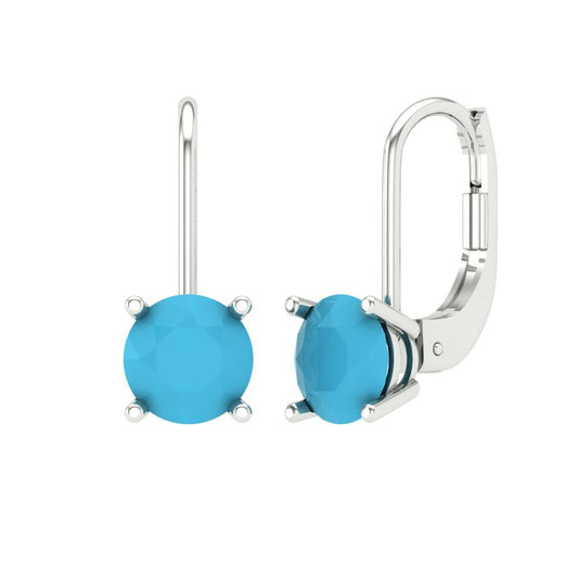 2 ctw Turquoise Drop Dangle Earrings | 6.5mm Round Cut White Gold Lever Back | December Birthstone