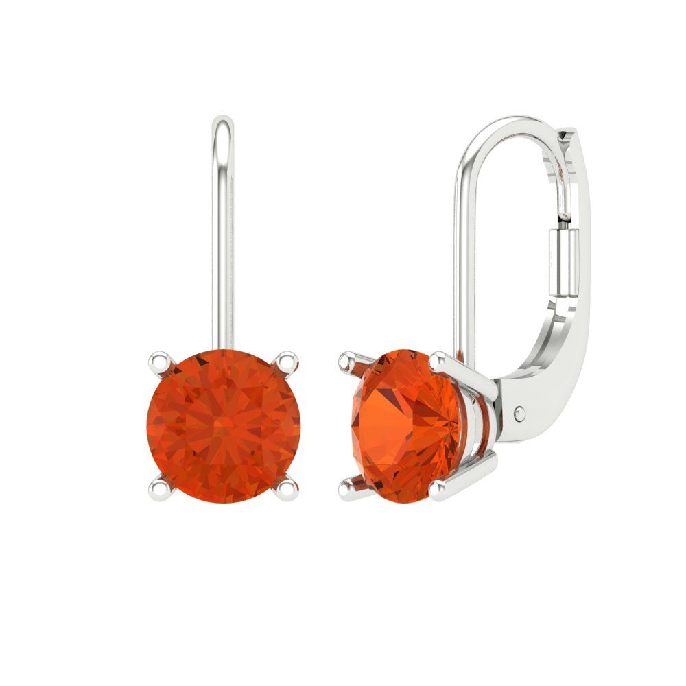 2 ctw Red Zirconia Drop Dangle Earrings | 6.5mm Round Cut White Gold Lever Back | April Birthstone