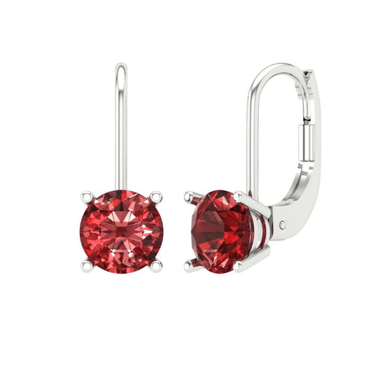 2 ctw Garnet Drop Dangle Earrings | 6.5mm Round Cut White Gold Lever Back | January Birthstone