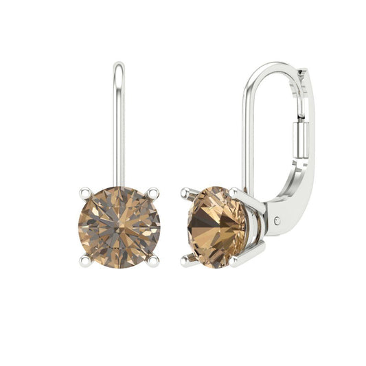2 ctw Champagne Drop Dangle Earrings | 6.5mm Round Cut White Gold Lever Back | April Birthstone