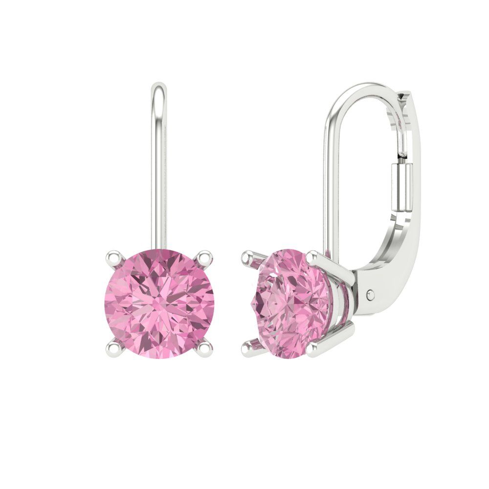 2 ctw Pink Zirconia Drop Dangle Earrings | 6.5mm Round Cut White Gold Lever Back | April Birthstone