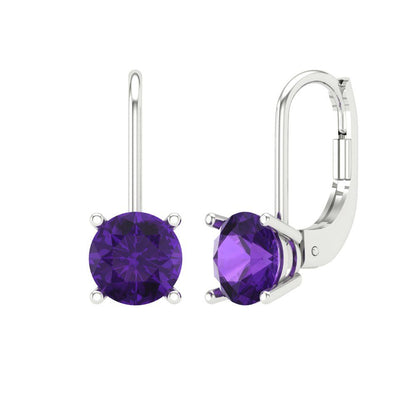 2 ctw Amethyst Drop Dangle Earrings | 6.5mm Round Cut White Gold Lever Back | February Birthstone