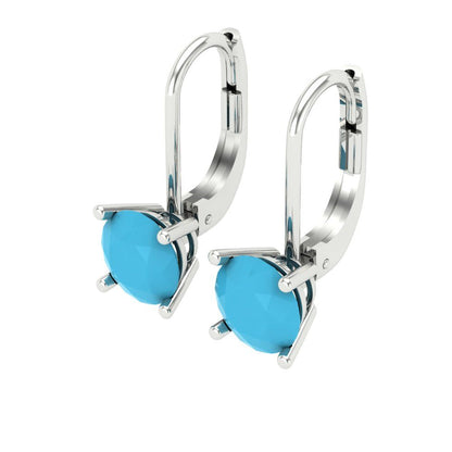 2 ctw Turquoise Drop Dangle Earrings | 6.5mm Round Cut White Gold Lever Back | December Birthstone