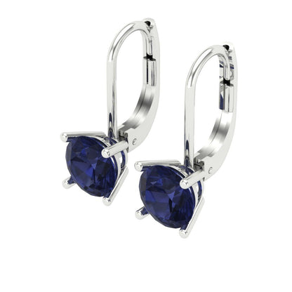 2 ctw Blue Sapphire Drop Dangle Earrings | 6.5mm Round Cut White Gold Lever Back | September Birthstone