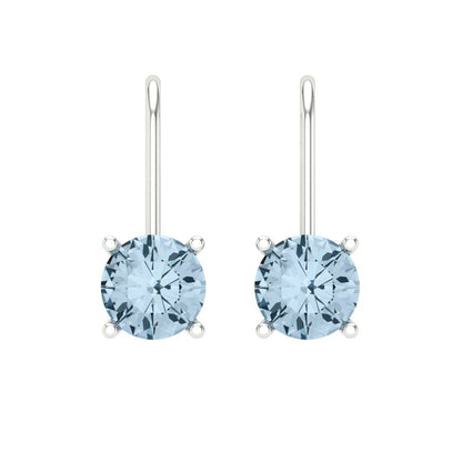 2 ctw Aquamarine Drop Dangle Earrings | 6.5mm Round Cut White Gold Lever Back | March Birthstone