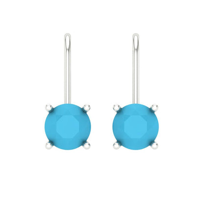 2 ctw Turquoise Drop Dangle Earrings | 6.5mm Round Cut White Gold Lever Back | December Birthstone