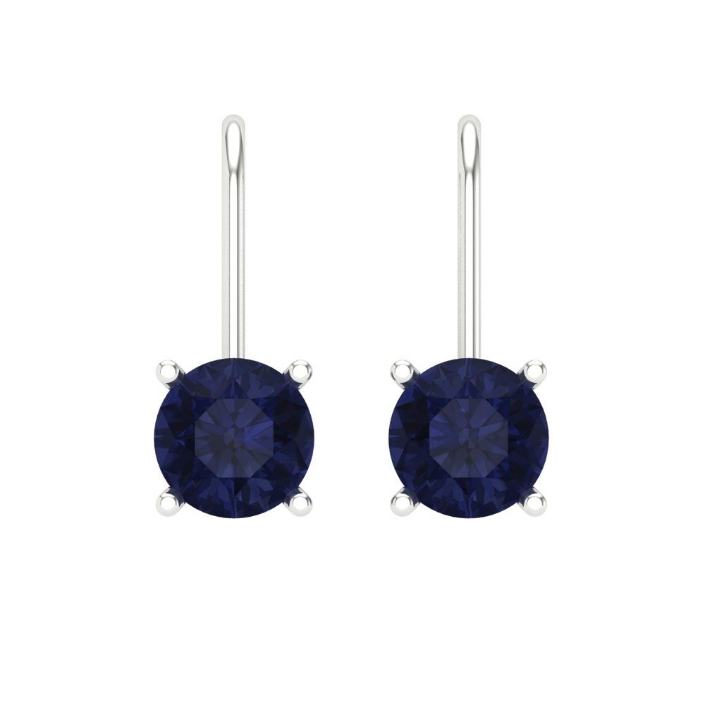 2 ctw Blue Sapphire Drop Dangle Earrings | 6.5mm Round Cut White Gold Lever Back | September Birthstone