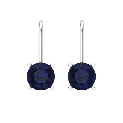 2 ctw Blue Sapphire Drop Dangle Earrings | 6.5mm Round Cut White Gold Lever Back | September Birthstone
