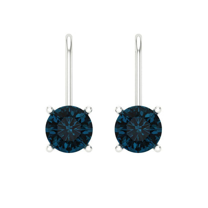2 ctw London Blue Topaz Drop Dangle Earrings | 6.5mm Round Cut White Gold Lever Back | December Birthstone