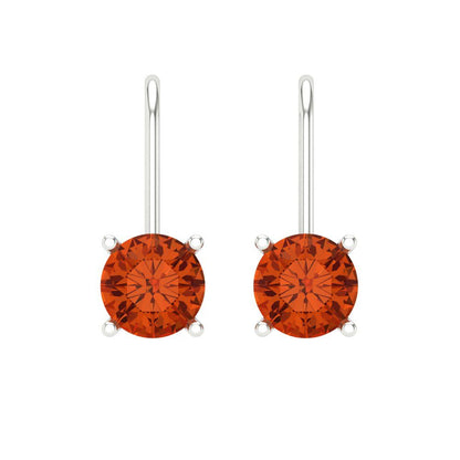 2 ctw Red Zirconia Drop Dangle Earrings | 6.5mm Round Cut White Gold Lever Back | April Birthstone