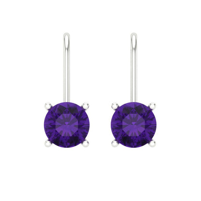2 ctw Amethyst Drop Dangle Earrings | 6.5mm Round Cut White Gold Lever Back | February Birthstone