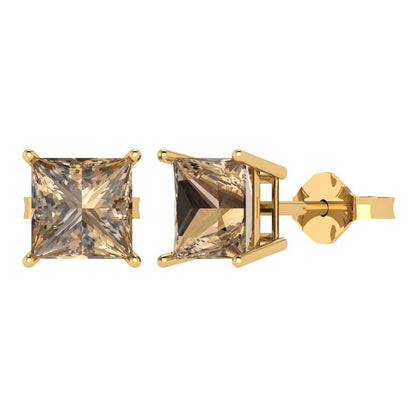 3 ctw Champagne Studs Earrings | 6.5mm Princess Cut White Gold Push Back | April Birthstone