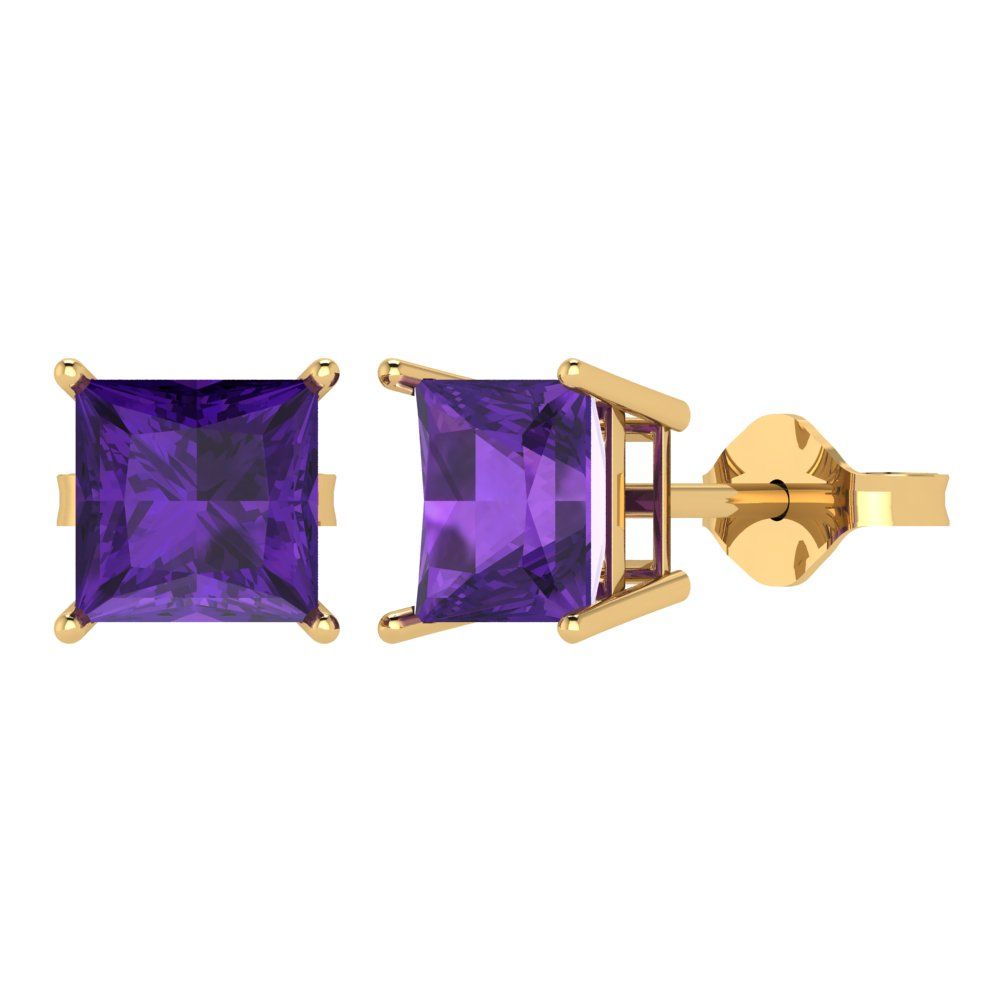 3cttw Princess Cut Natural Amethyst Gold-Plated 925 Silver Push Back Stud Earrings