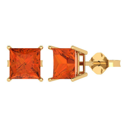 3cttw Princess Cut Simulated Red Diamond Gold-Plated 925 Silver Push Back Stud Earrings