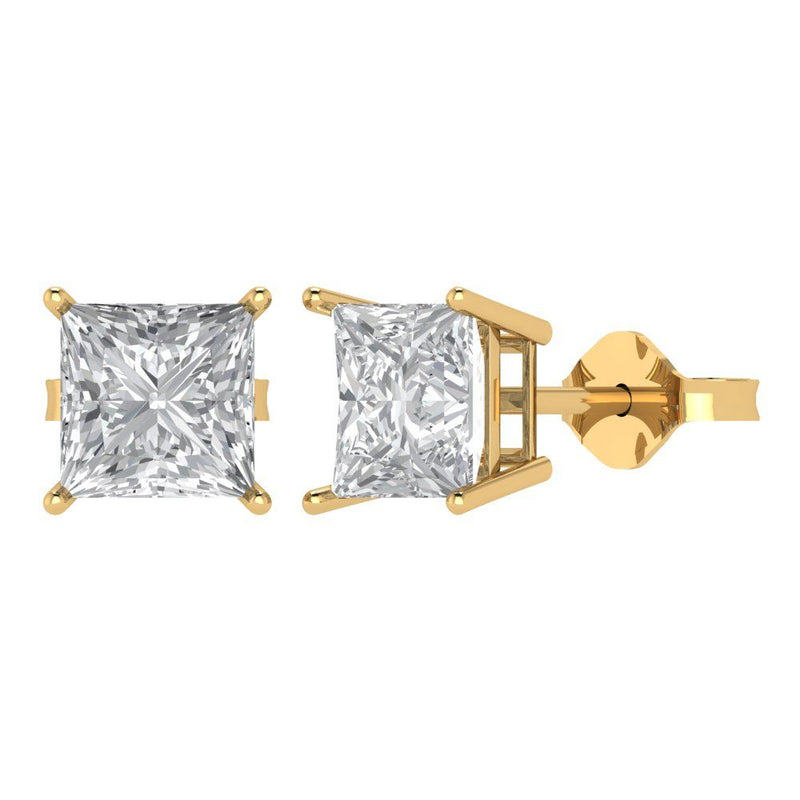 3 ct Brilliant Princess Cut Solitaire Studs Natural Diamond Stone Clarity SI1-2 Color G-H Yellow Gold Earrings Push Back