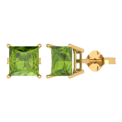 3 ctw Peridot Studs Earrings | 6.5mm Princess Cut White Gold Push Back | August Birthstone