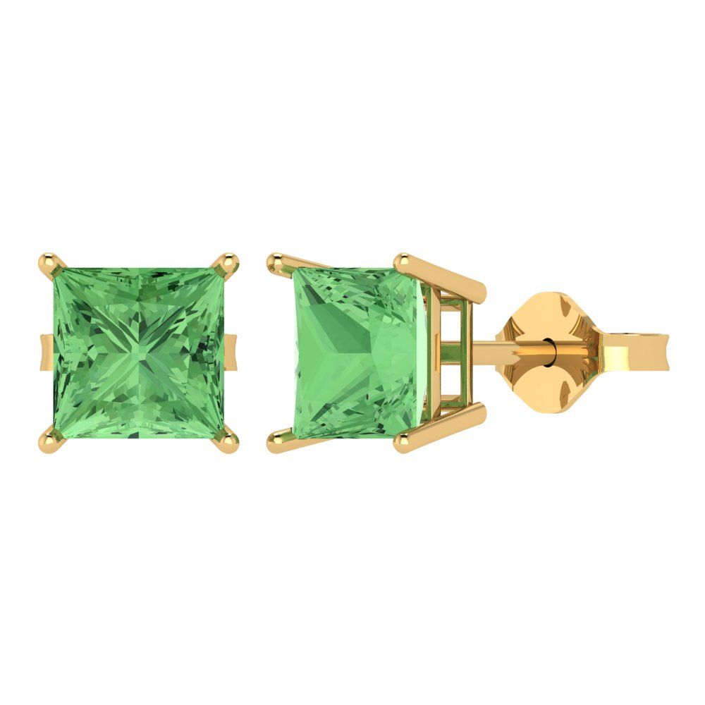 3 ctw Green Zirconia Studs Earrings | 6.5mm Princess Cut White Gold Push Back | April Birthstone