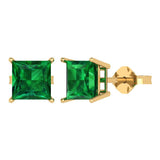 3 ct Brilliant Princess Cut Solitaire Studs Simulated Emerald Stone Yellow Gold Earrings Push Back