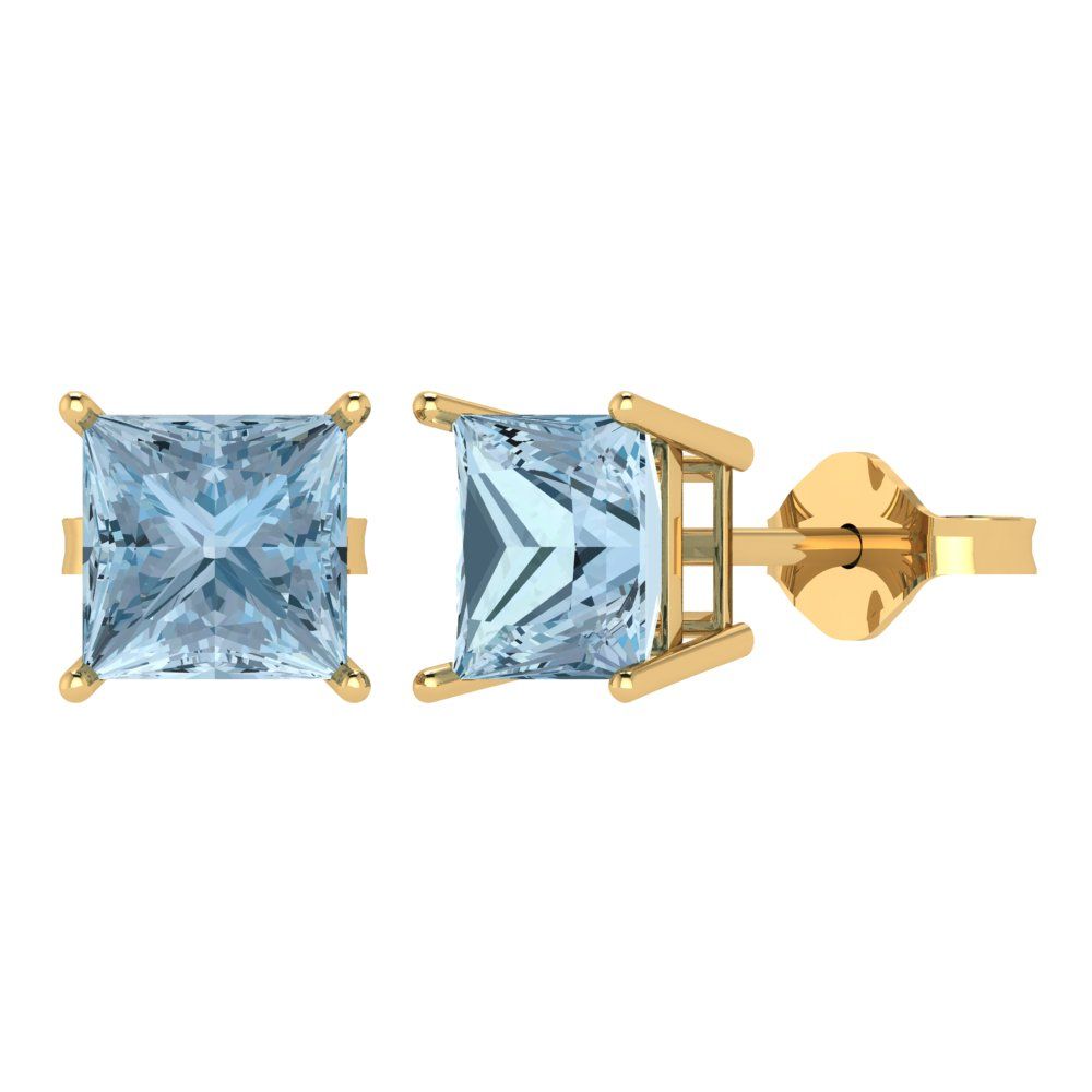 3cttw Princess Cut Natural Aquamarine Gold-Plated 925 Silver Push Back Stud Earrings