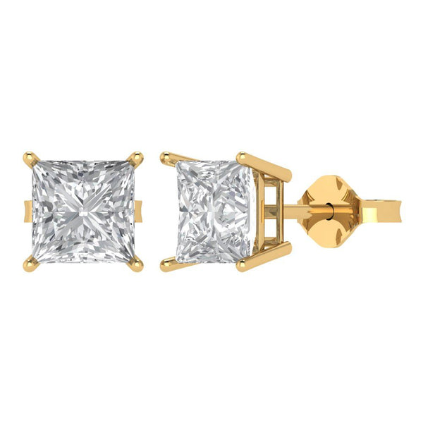 3 ct Brilliant Princess Cut Solitaire Studs Clear Simulated Diamond Stone Yellow Gold Earrings Push Back