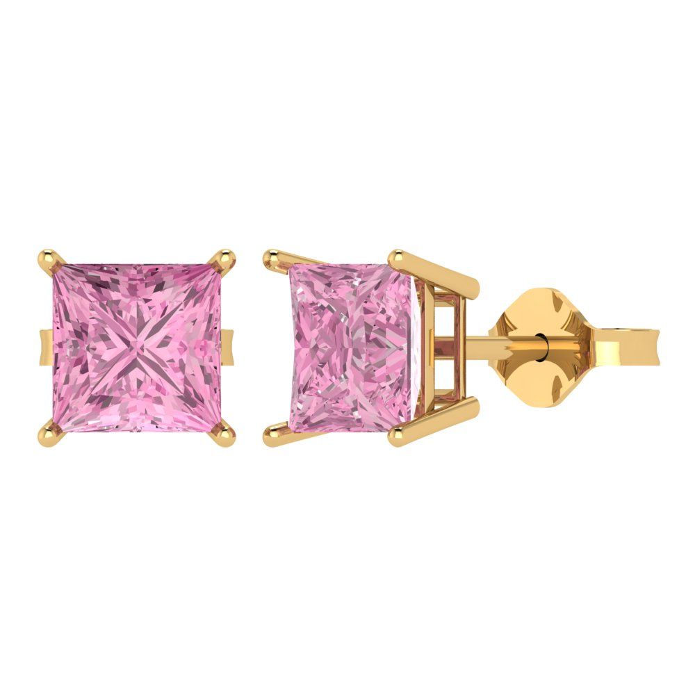 3 ctw Pink Zirconia Studs Earrings | 6.5mm Princess Cut White Gold Push Back | April Birthstone