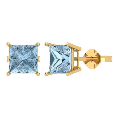 3 ctw Aquamarine Studs Earrings | 6.5mm Princess Cut White Gold Push Back | March Birthstone
