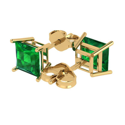3 ctw Emerald Studs Earrings | 6.5mm Princess Cut White Gold Push Back | May Birthstone