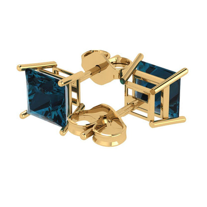 3 ctw London Blue Topaz Studs Earrings | 6.5mm Princess Cut White Gold Push Back | December Birthstone