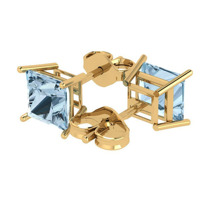 3cttw Princess Cut Natural Aquamarine Gold-Plated 925 Silver Push Back Stud Earrings