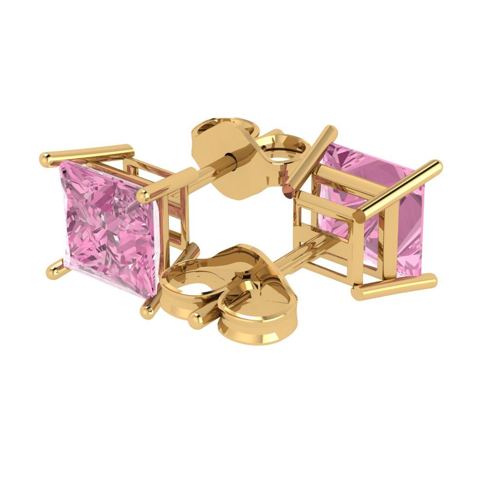 3cttw Princess Cut Simulated Pink Diamond Gold-Plated 925 Silver Push Back Stud Earrings