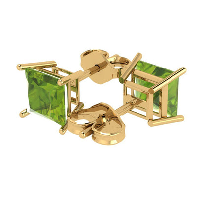 3 ctw Peridot Studs Earrings | 6.5mm Princess Cut White Gold Push Back | August Birthstone