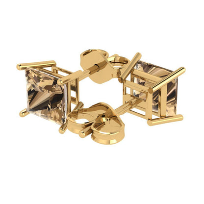 3 ctw Champagne Studs Earrings | 6.5mm Princess Cut White Gold Push Back | April Birthstone
