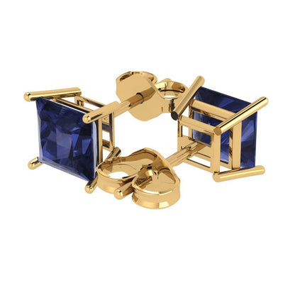3cttw Princess Cut Simulated Blue Sapphire Gold-Plated 925 Silver Push Back Stud Earrings