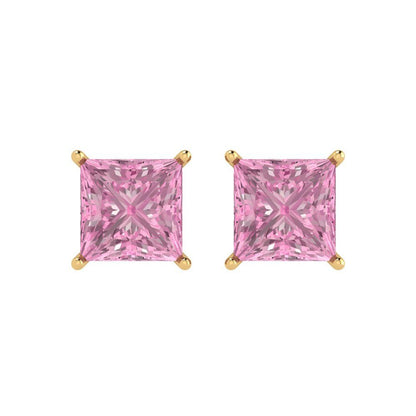 3 ctw Pink Zirconia Studs Earrings | 6.5mm Princess Cut White Gold Push Back | April Birthstone