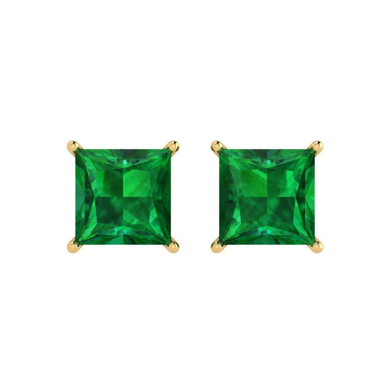 3 ct Brilliant Princess Cut Solitaire Studs Simulated Emerald Stone Yellow Gold Earrings Push Back